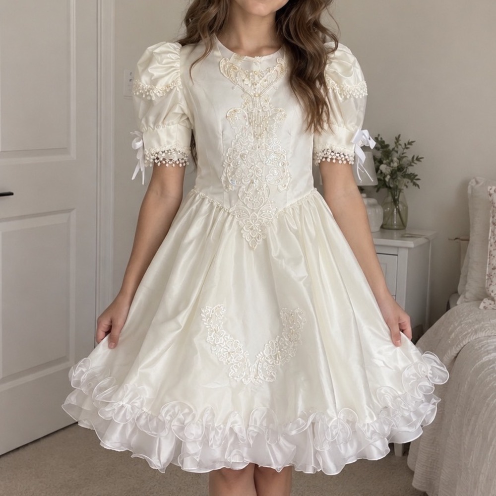 Vtg 80s Ivory Satin Lace Ruffle Flower Girl Bridal Dress 16 Puff Sleeve formal